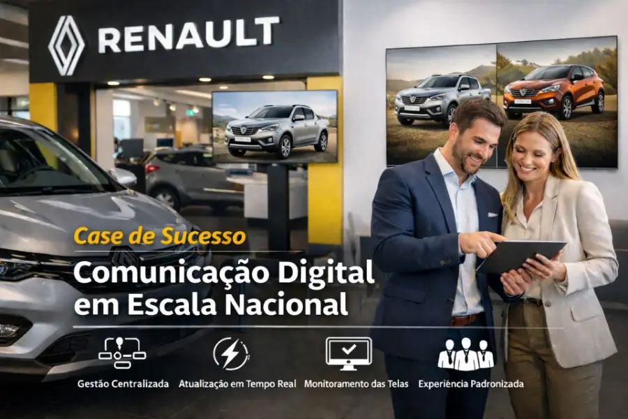 Concessionária Renault com telas de comunicação digital e dois profissionais analisando indicadores em um tablet