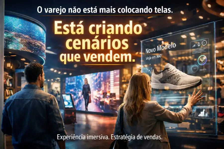 Cliente diante de uma tela grande em loja de varejo, com a mensagem "está criando cenários que vendem"