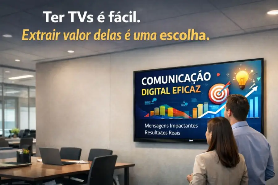 Sala de reunião com uma TV corporativa exibindo a mensagem "comunicação digital eficaz"