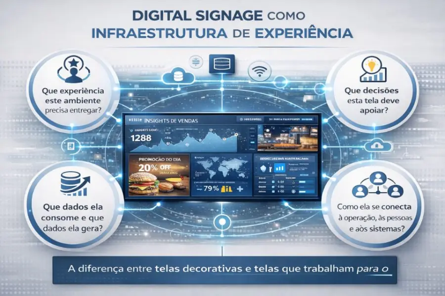 Esquema de digital signage como infraestrutura de experiência, conectando dados, telas e decisões