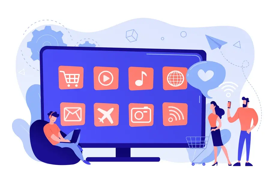 Ilustração de um monitor com ícones de aplicativos — carrinho, vídeo, música, e-mail, câmera — e pessoas interagindo ao redor