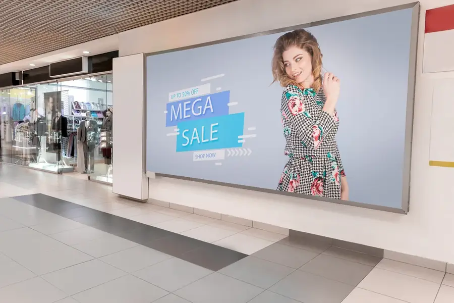 Painel digital de grande formato no corredor de um shopping anunciando "Mega Sale"
