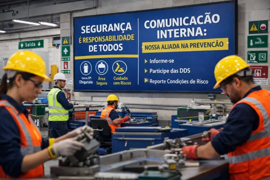 Equipe de fábrica com equipamentos de proteção diante de uma tela com orientações de segurança do trabalho