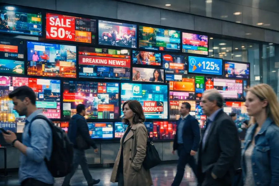 Painel com várias telas em ambiente de varejo exibindo ofertas e conteúdo em movimento