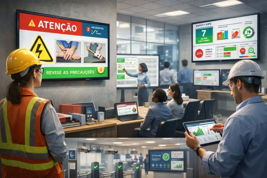 Profissionais com capacete diante de telas com avisos de atenção e indicadores em ambiente industrial