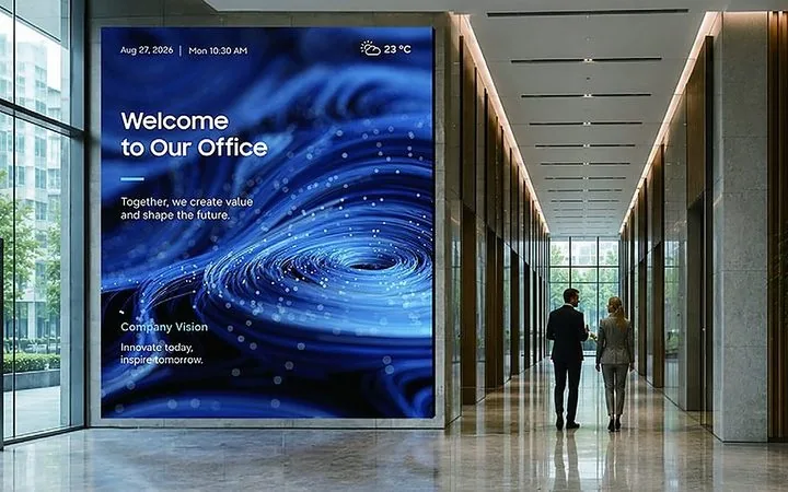 Painel de LED no lobby de um edifício corporativo exibindo uma mensagem de boas-vindas enquanto duas pessoas caminham pelo corredor