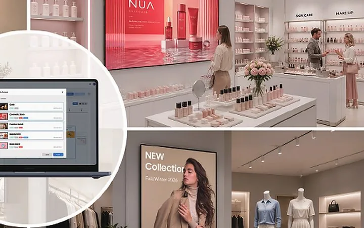 Telas de digital signage em lojas: painel de campanha atrás do balcão de cosméticos e tela de nova coleção em uma loja de roupas