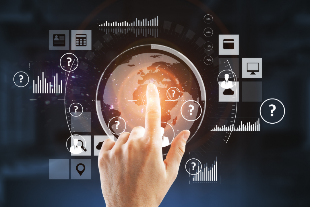 Comunicação integrada: imagem mostra mão clicando em tela futurista com ícones de tecnologia.